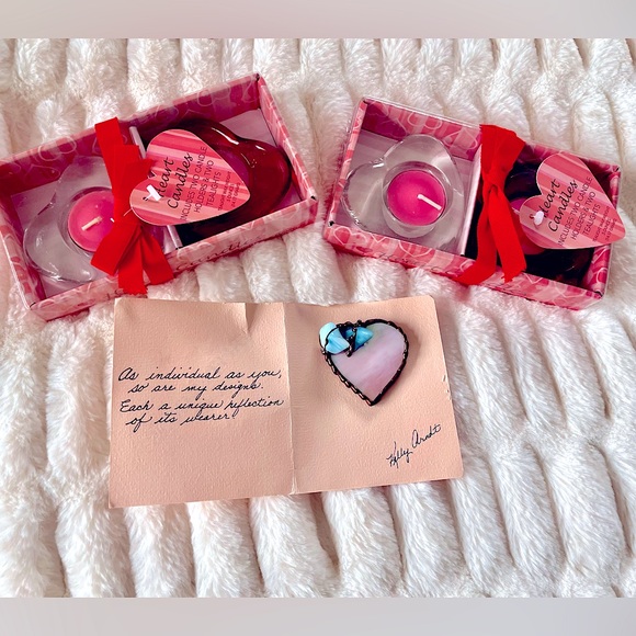 Kelly Arndt handmade stained glass/metal heart pin & heart candle set. ❣️ - Picture 2 of 10